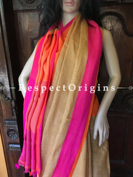Handloom Beige Linen Saree; orange and Pink Border, u602075863_New_db.com