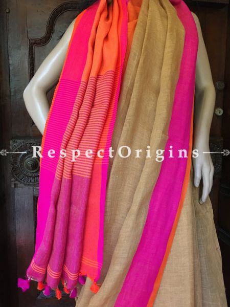 Handloom Beige Linen Saree; orange and Pink Border, u602075863_New_db.com