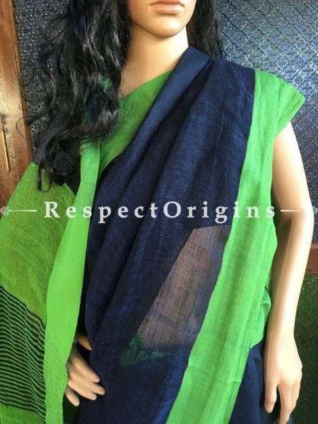 Handloom Linen Saree; Black Green Border, u602075863_New_db.com