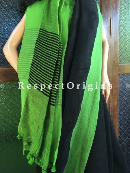 Handloom Linen Saree; Black Green Border, u602075863_New_db.com