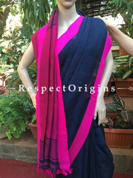 Handloom Linen Saree; Blue Pink Border, u602075863_New_db.com