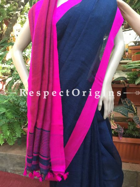Handloom Linen Saree; Blue Pink Border, u602075863_New_db.com