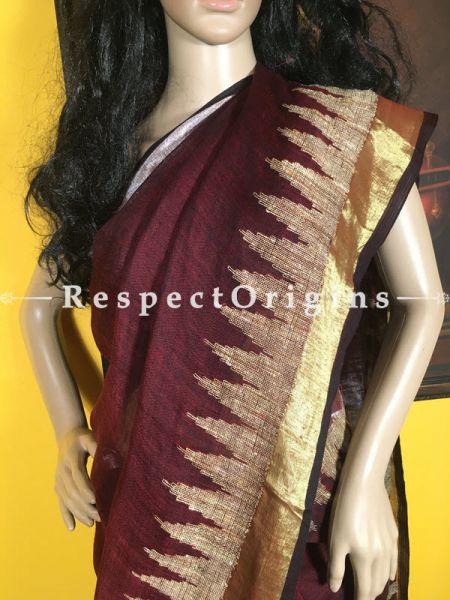 Handloom Linen Saree; Brown Zari Temple Border; u602075863_New_db.com