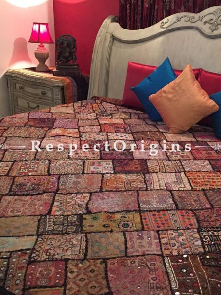 Buy Antique  Gujrat Hand Patched Borders; Cotton Bedspread; 2 Pillow Cases included; 85x103; in At u602075863_New_db.com