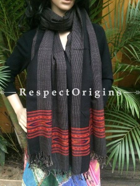 Black Handwoven Pure Woolen Kullu Shawls From Himachal with Red Borders; 40x84 In; u602075863_New_db.com