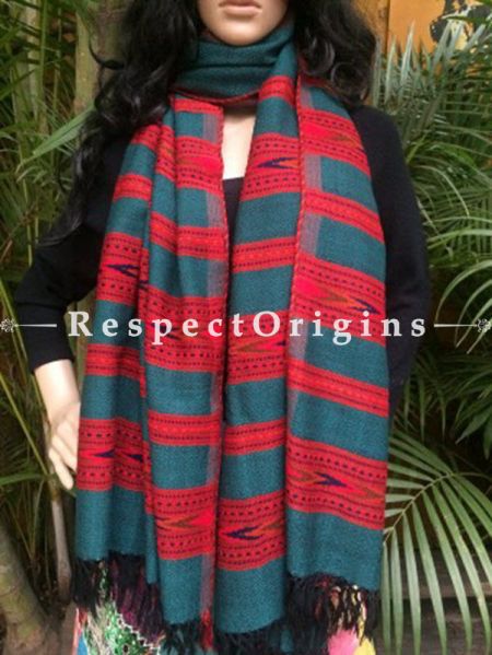 Fabulous Green Handwoven Pure Woolen Kullu Shawls From Himachal with Multiple Red Borders; 40x84 In; u602075863_New_db.com