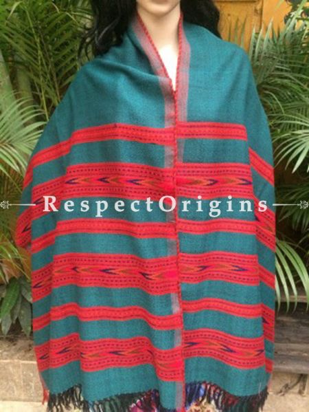 Fabulous Green Handwoven Pure Woolen Kullu Shawls From Himachal with Multiple Red Borders; 40x84 In; u602075863_New_db.com