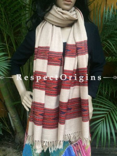 Beige Handwoven Pure Woolen Kullu Shawls From Himachal with Multiple Red Borders; 40x84 In; u602075863_New_db.com