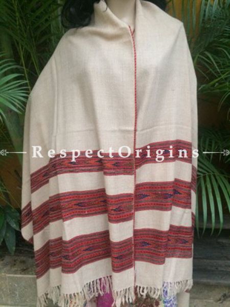 Beige Handwoven Pure Woolen Kullu Shawls From Himachal with Multiple Red Borders; 40x84 In; u602075863_New_db.com
