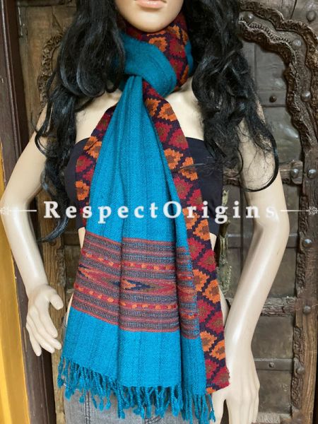 Blue and Red Handwoven Woolen Kullu Stoles From Himachal with multiColor borders; Size 80 x 28 inches; u602075863_New_db.com