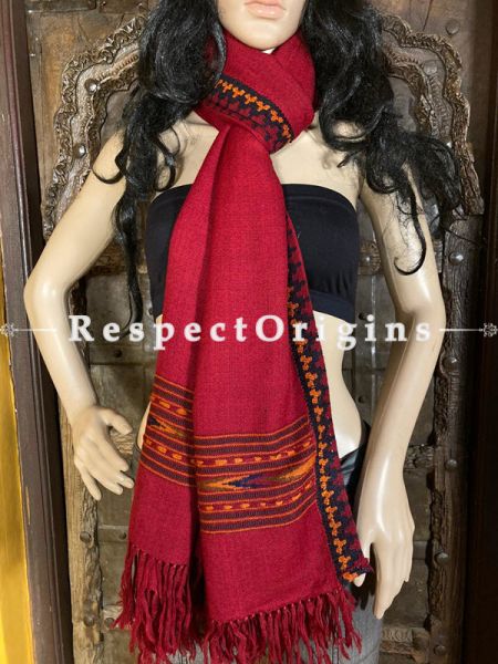 Red Handwoven Woolen Kullu Stoles From Himachal with multiColor borders; Size 80 x 28 inches; u602075863_New_db.com