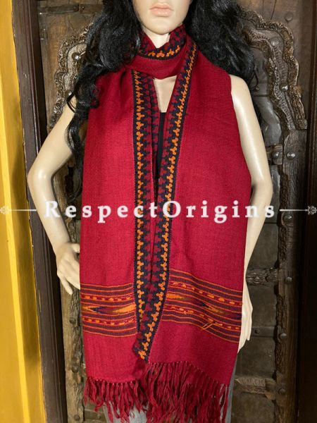 Red Handwoven Woolen Kullu Stoles From Himachal with multiColor borders; Size 80 x 28 inches; u602075863_New_db.com