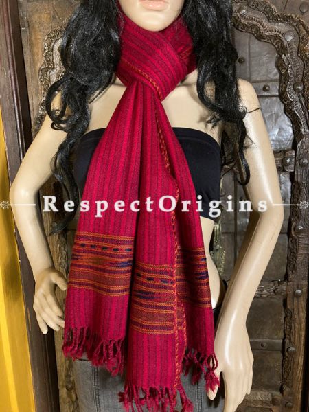Red Handwoven Woolen Kullu Stoles From Himachal with multiColor borders; Size 80 x 28 inches; u602075863_New_db.com