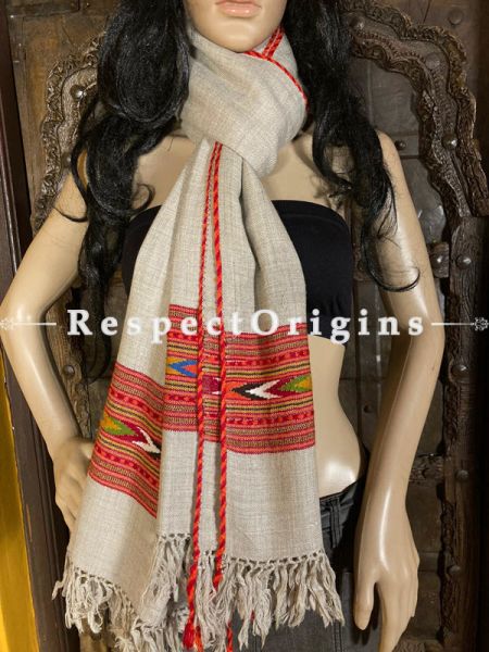 Gray and Red Handwoven Kullu Handloom Pure Woolen Warm and Soft Traditional Himachal Shawl for Women; Red and Blue Border; 80 x 38 In; u602075863_New_db.com
