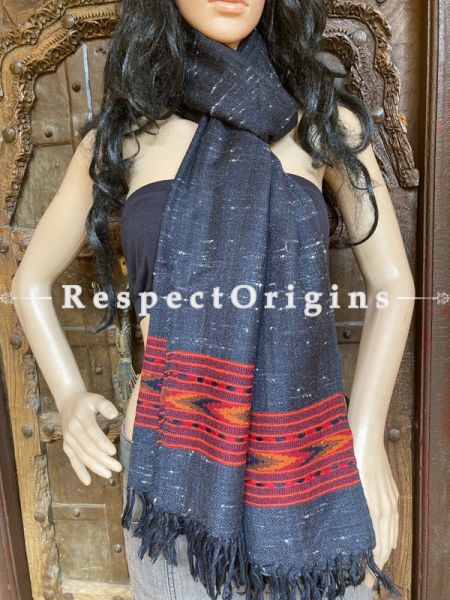Black Handwoven Woolen Kullu Stoles From Himachal with multiple Red borders; Size 80 x 28 inches; u602075863_New_db.com