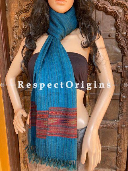 Blue Handwoven Woolen Kullu Stoles From Himachal with multiple Red borders; Size 80 x 28 inches; u602075863_New_db.com
