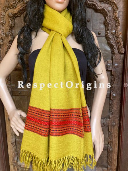 Yellow Handwoven Woolen Kullu Stoles From Himachal with multiple Red borders; Size 80 x 28 inches; u602075863_New_db.com