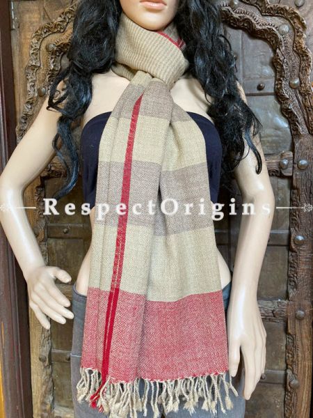 Beige Handwoven Woolen Kullu Stoles From Himachal with multiple Red borders; Size 80 x 28 inches; u602075863_New_db.com
