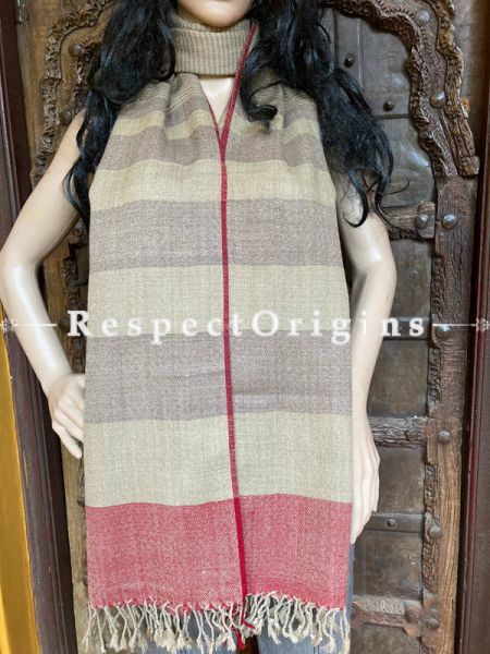 Beige Handwoven Woolen Kullu Stoles From Himachal with multiple Red borders; Size 80 x 28 inches; u602075863_New_db.com