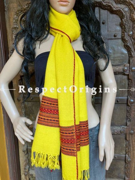 Ethnic Yellow Handwoven Woolen Kullu Stoles From Himachal with multiple Red borders; Size 80 x 28 inches; u602075863_New_db.com