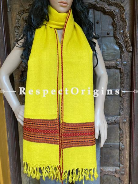 Ethnic Yellow Handwoven Woolen Kullu Stoles From Himachal with multiple Red borders; Size 80 x 28 inches; u602075863_New_db.com