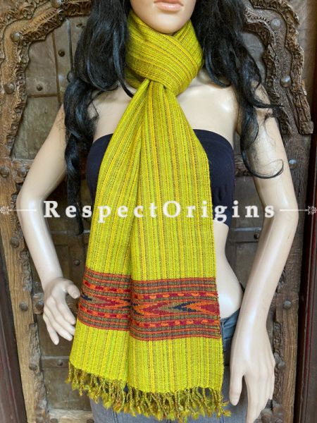 Vibrant Yellow Handwoven Woolen Kullu Stoles From Himachal with multiple Red borders; Size 80 x 28 inches; u602075863_New_db.com