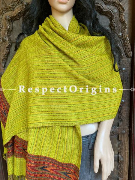 Vibrant Yellow Handwoven Woolen Kullu Stoles From Himachal with multiple Red borders; Size 80 x 28 inches; u602075863_New_db.com