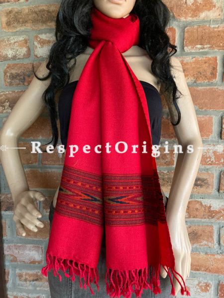 Red Handwoven Woolen Kullu Stoles From Himachal with multiple Multicolor borders; Size 80 x 28 inches; u602075863_New_db.com