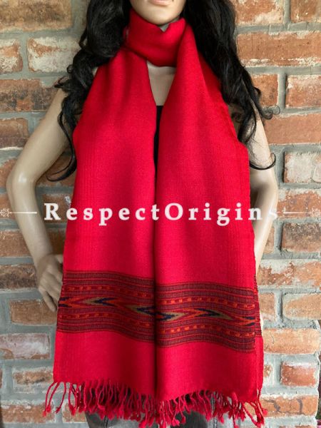 Red Handwoven Woolen Kullu Stoles From Himachal with multiple Multicolor borders; Size 80 x 28 inches; u602075863_New_db.com