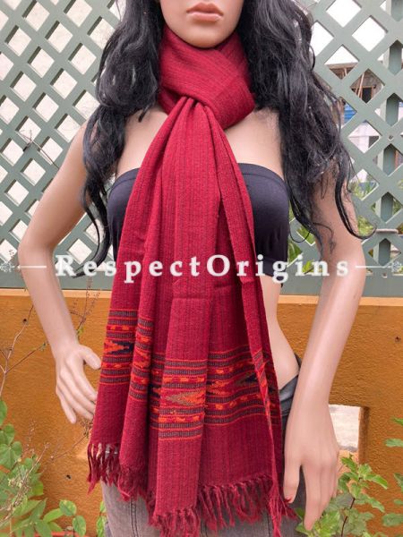 Red Handwoven Woolen Kullu Stoles From Himachal with multiple Multicolor borders; Size 80 x 28 inches; u602075863_New_db.com