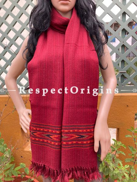 Red Handwoven Woolen Kullu Stoles From Himachal with multiple Multicolor borders; Size 80 x 28 inches; u602075863_New_db.com