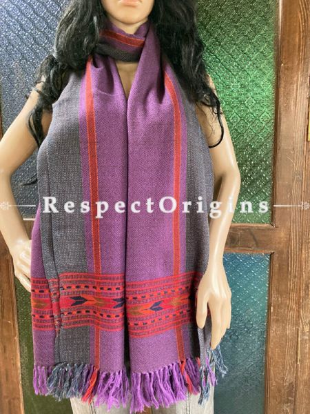 Purple Handwoven Woolen Kullu Stoles From Himachal with multiple Red borders; Size 80 x 28 inches; u602075863_New_db.com