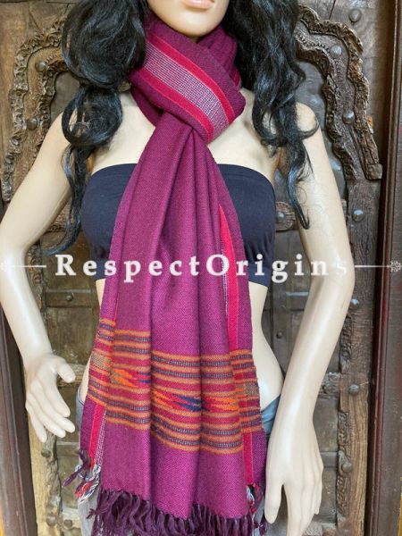Maroon Handwoven Woolen Kullu Stoles From Himachal with multiple Multicolor borders; Size 80 x 28 inches; u602075863_New_db.com