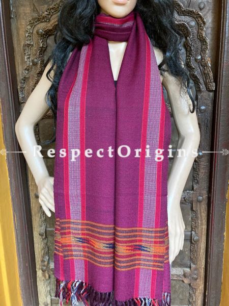 Maroon Handwoven Woolen Kullu Stoles From Himachal with multiple Multicolor borders; Size 80 x 28 inches; u602075863_New_db.com