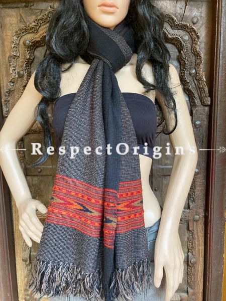 Black Handwoven Woolen Kullu Stoles From Himachal with multiple Red borders; Size 80 x 28 inches; u602075863_New_db.com