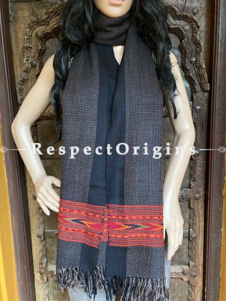 Black Handwoven Woolen Kullu Stoles From Himachal with multiple Red borders; Size 80 x 28 inches; u602075863_New_db.com