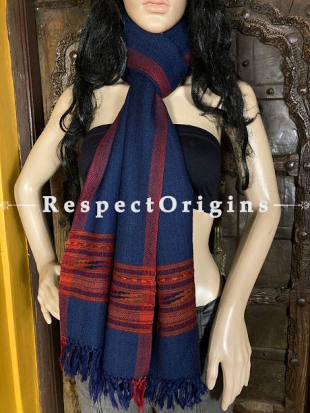 Blue Handwoven Woolen Kullu Stoles From Himachal with multiple Red borders; Size 80 x 28 inches; u602075863_New_db.com