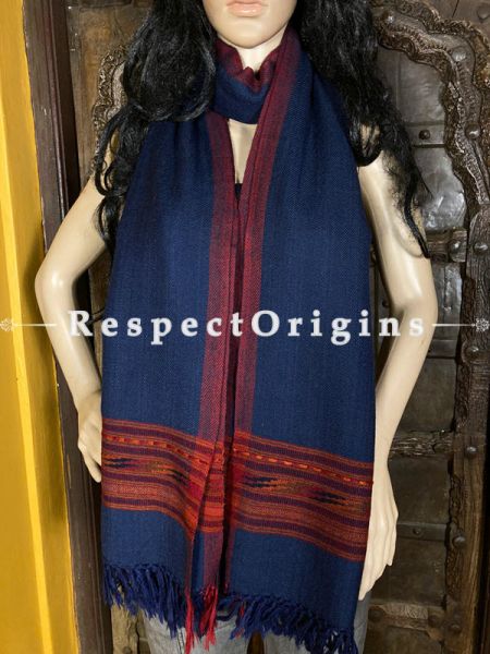 Blue Handwoven Woolen Kullu Stoles From Himachal with multiple Red borders; Size 80 x 28 inches; u602075863_New_db.com
