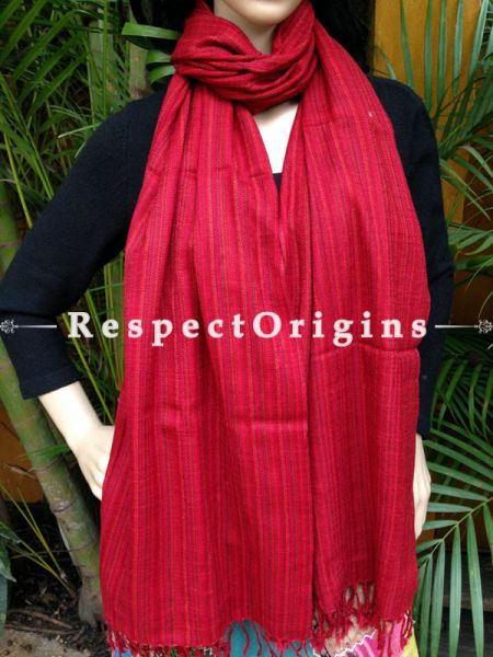 Red Handwoven Woolen Kullu Stoles From Himachal with multiple borders; Size 80 x 28 inches; u602075863_New_db.com
