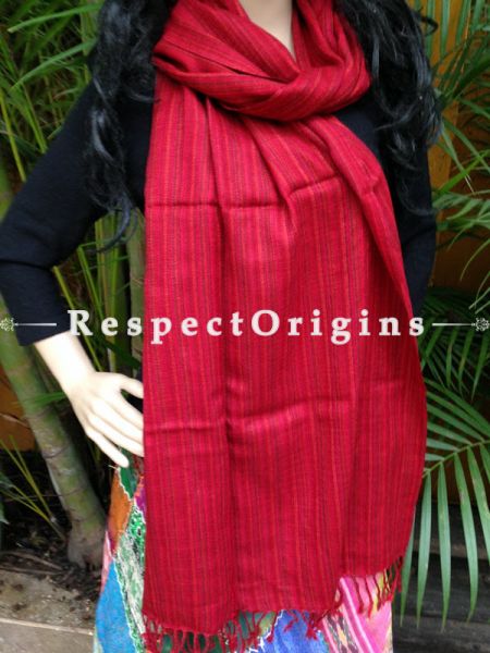 Red Handwoven Woolen Kullu Stoles From Himachal with multiple borders; Size 80 x 28 inches; u602075863_New_db.com