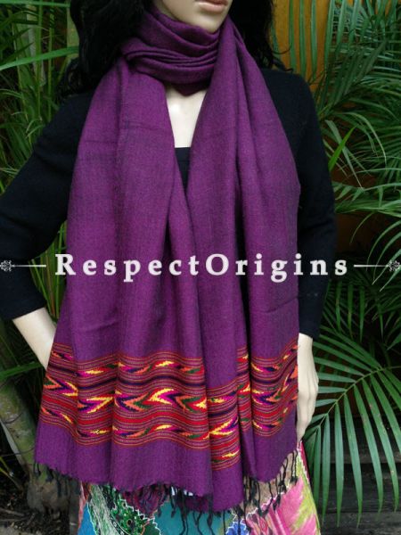 Purple Handwoven Woolen Kullu Stoles From Himachal with multiColor borders; Size 80 x 28 inches; u602075863_New_db.com