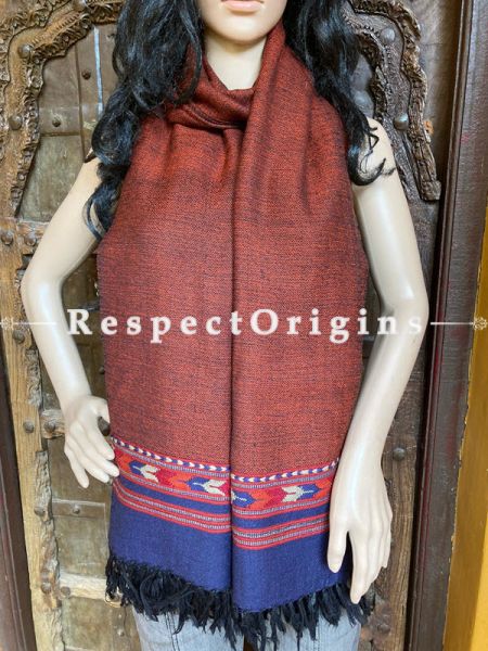 Brown Handwoven Woolen Kullu Stoles From Himachal with multiple Blue borders; Size 80 x 28 inches; u602075863_New_db.com