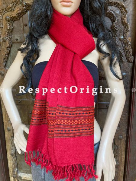 Red Handwoven Woolen Kullu Stoles From Himachal with multiple Brown borders; Size 80 x 28 inches; u602075863_New_db.com