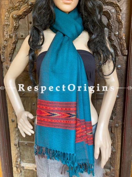 Blue Handwoven Woolen Kullu Stoles From Himachal with multiple Red borders; Size 80 x 28 inches; u602075863_New_db.com