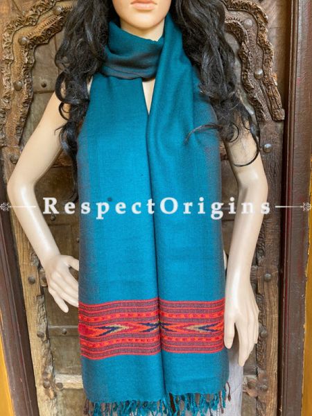Blue Handwoven Woolen Kullu Stoles From Himachal with multiple Red borders; Size 80 x 28 inches; u602075863_New_db.com