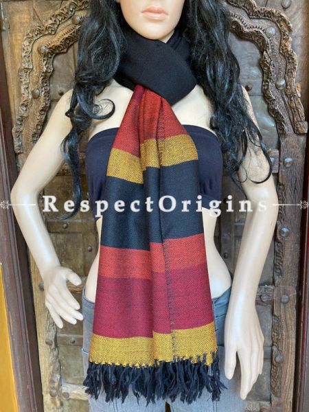 Black Handwoven Woolen Kullu Stoles From Himachal with multiple borders; Size 80 x 28 inches; u602075863_New_db.com
