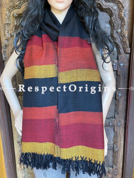 Black Handwoven Woolen Kullu Stoles From Himachal with multiple borders; Size 80 x 28 inches; u602075863_New_db.com