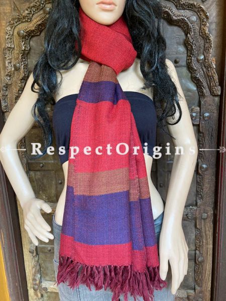 Red Handwoven Woolen Kullu Stoles From Himachal with multiple Blue borders; Size 80 x 28 inches; u602075863_New_db.com