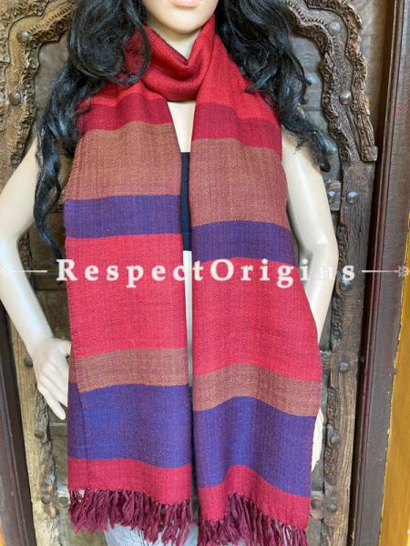 Red Handwoven Woolen Kullu Stoles From Himachal with multiple Blue borders; Size 80 x 28 inches; u602075863_New_db.com