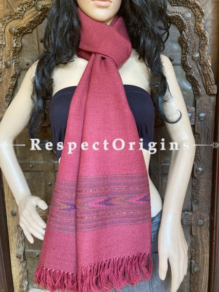 Maroon Handwoven Woolen Kullu Stoles From Himachal with multiple Blue borders; Size 80 x 28 inches; u602075863_New_db.com